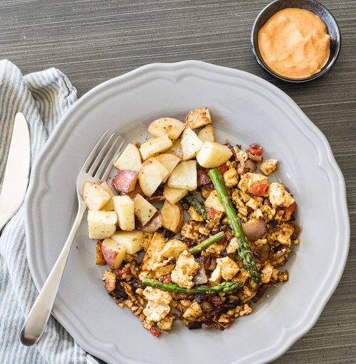 Asparagus Tofu Scramble with Roasted Potatoes and Paprika Aioli Clean